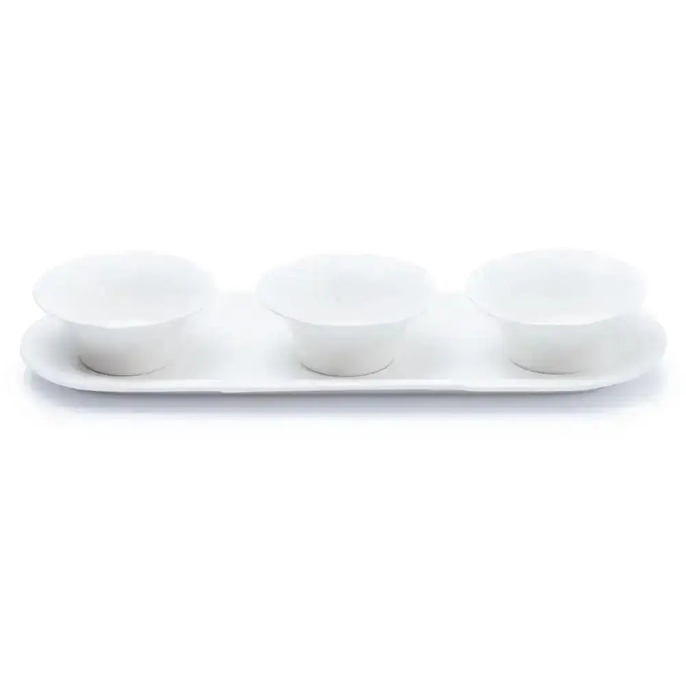 Set of three white ceramic bowls on a matching tray against a white background