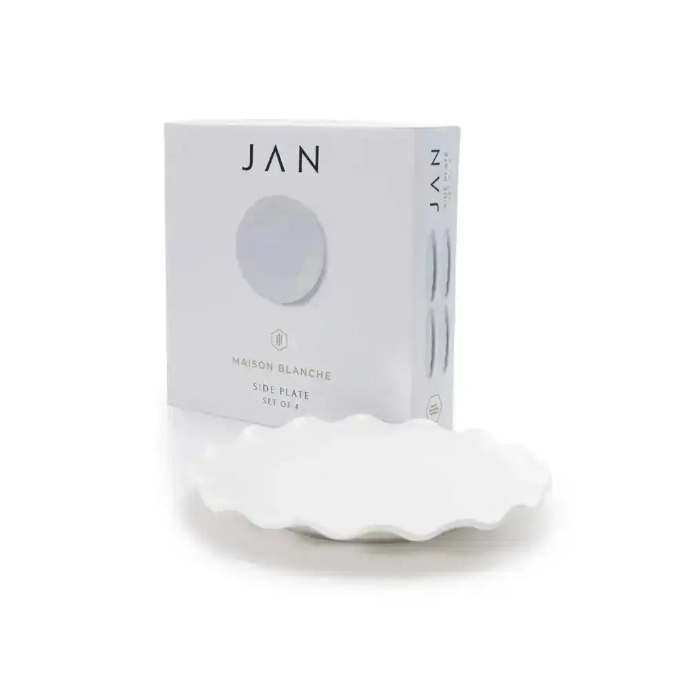 White side plate with 'JAN' packaging on a white background