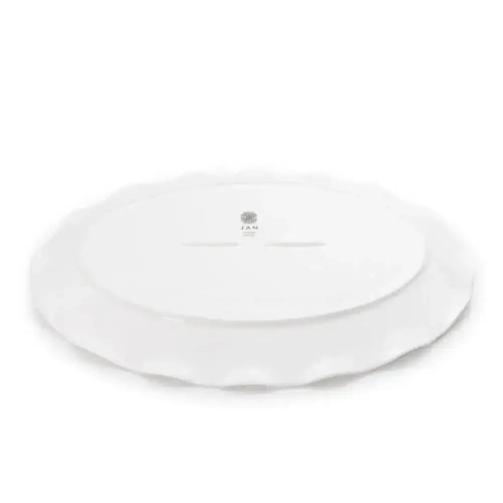 White ceramic platter with a logo on a white background