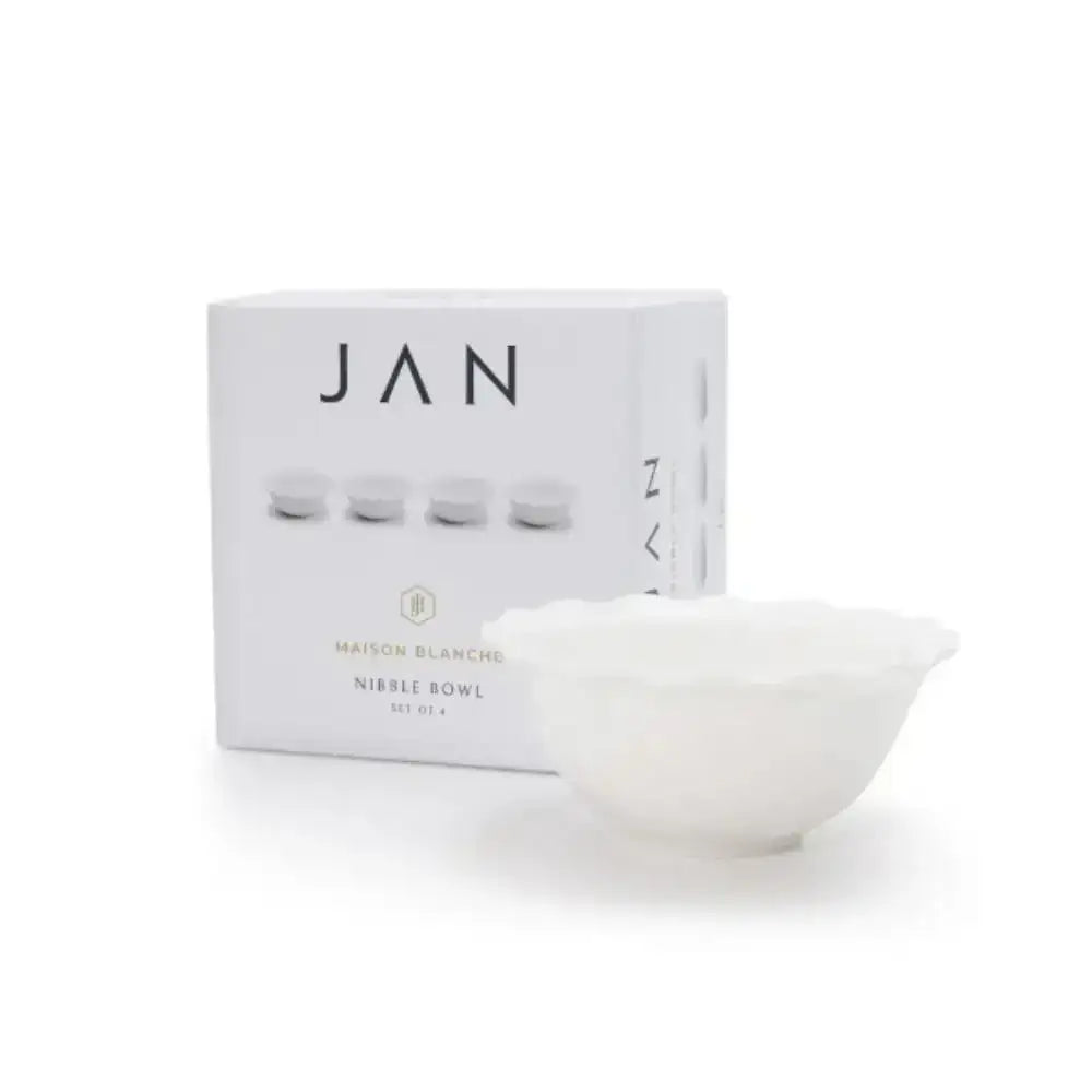 White ceramic bowl with packaging displaying 'JAN' on a white background