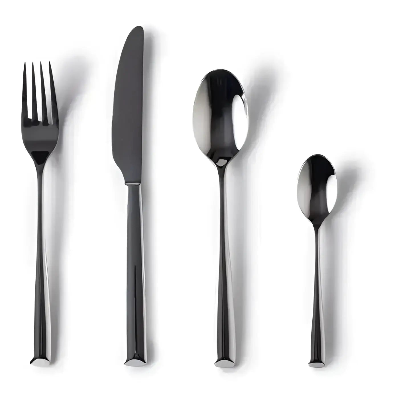 Set of black cutlery including a fork, knife, and two spoons on a white background