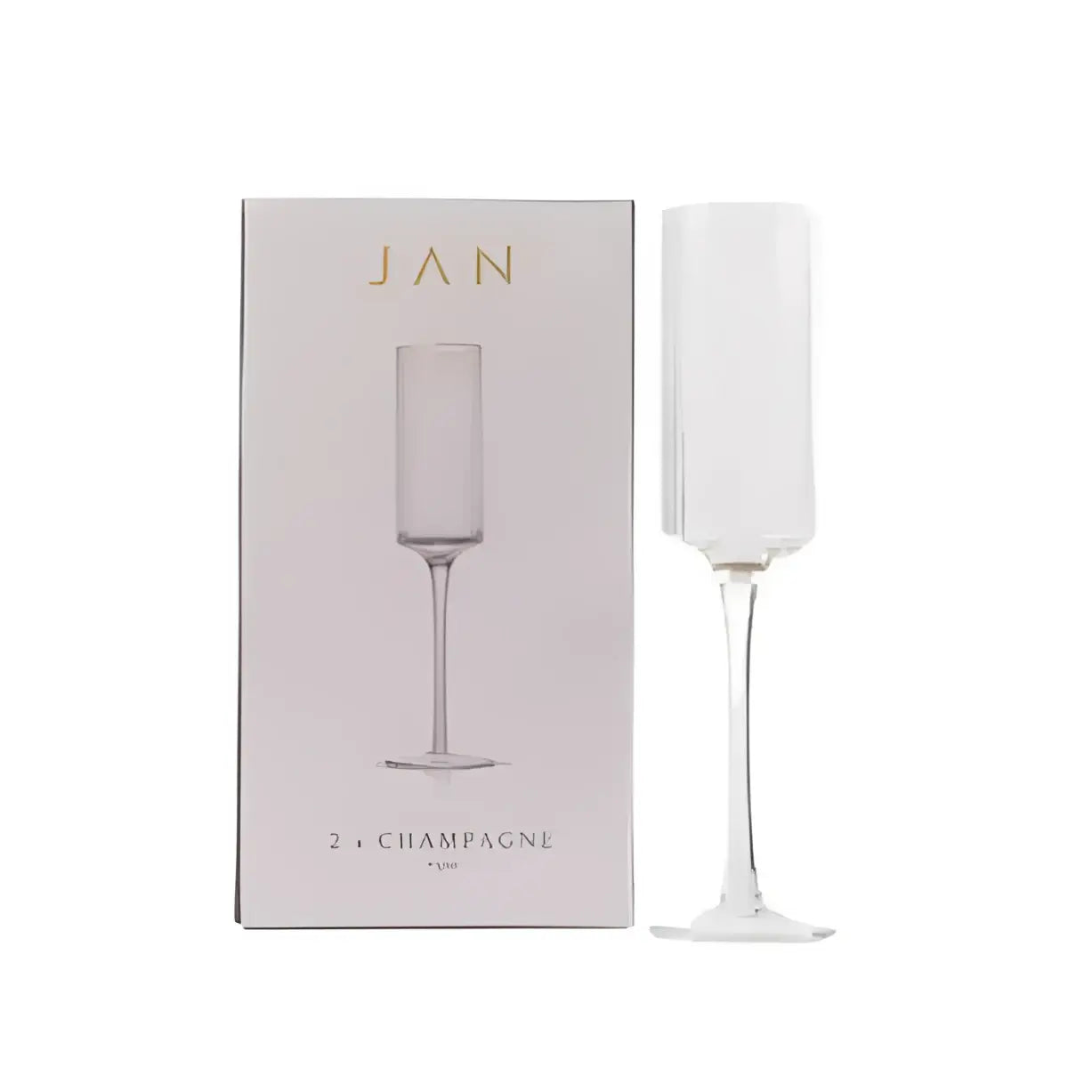 Champagne flute with packaging displaying the brand 'JAN'.