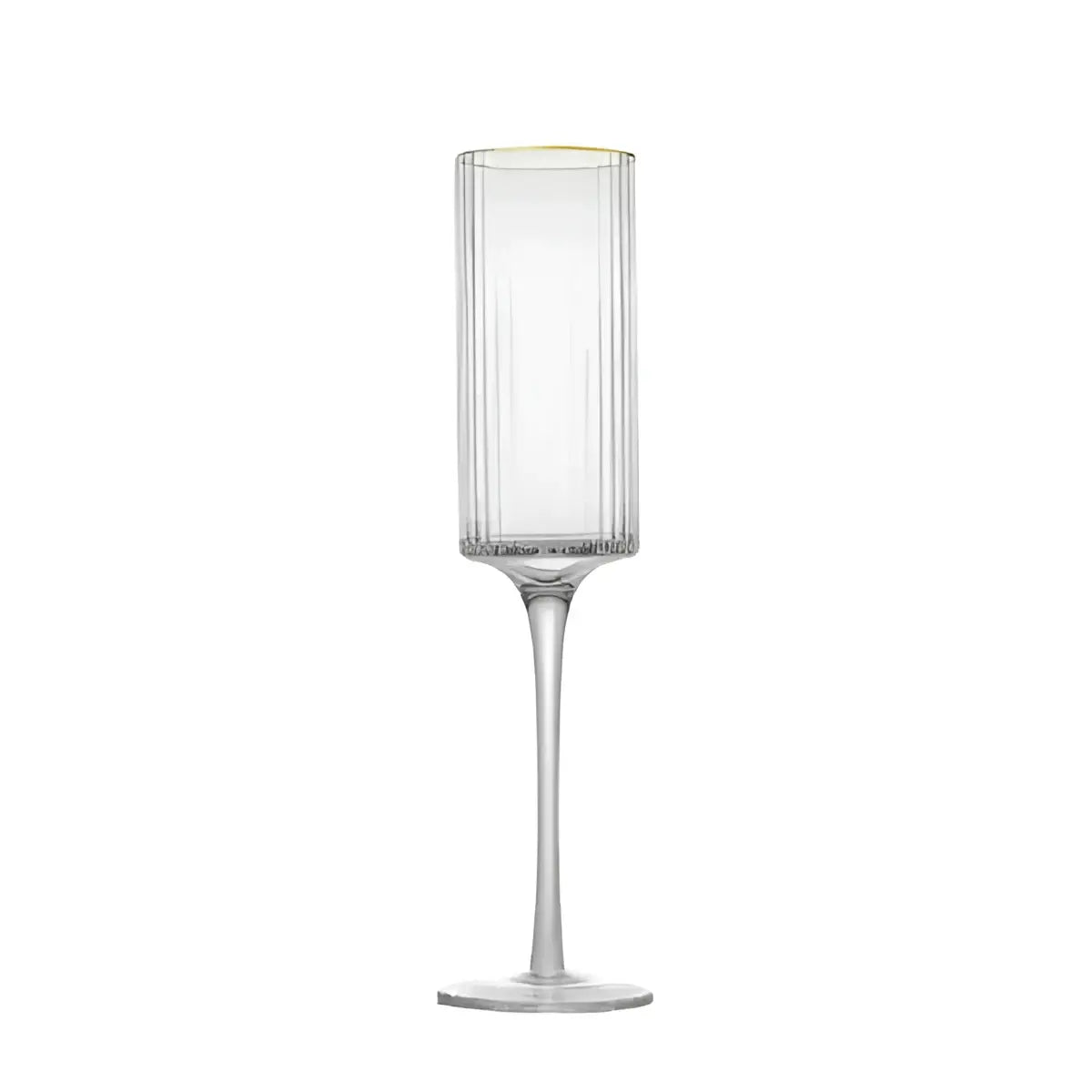 Clear glass flute with a gold rim on a white background