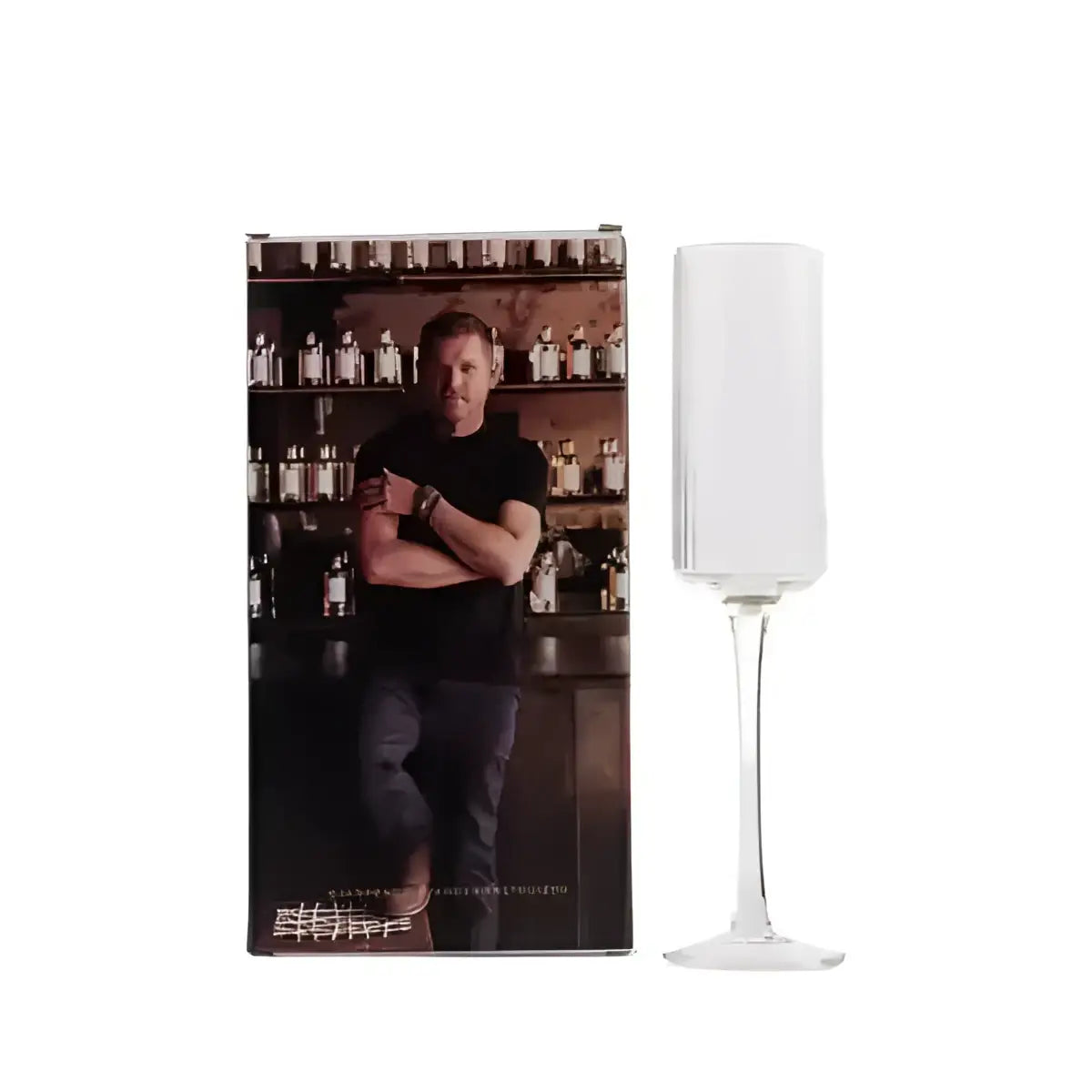 White wine glass with a photo of a man in a bar on its base