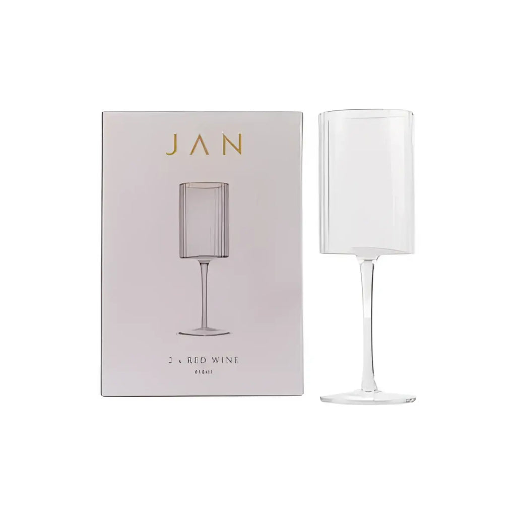 White wine glass with packaging displaying 'JAN' brand on a white background