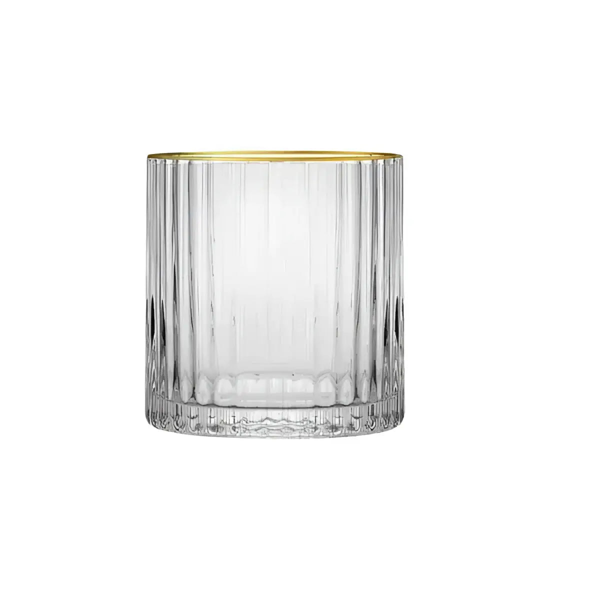 Clear glass tumbler with gold rim on a white background