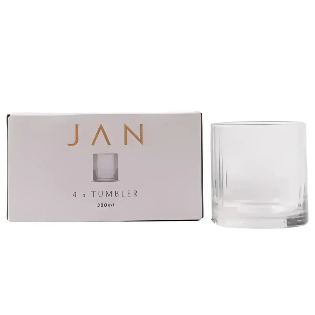 Clear glass tumblers with packaging labeled 'JAN' on a white background
