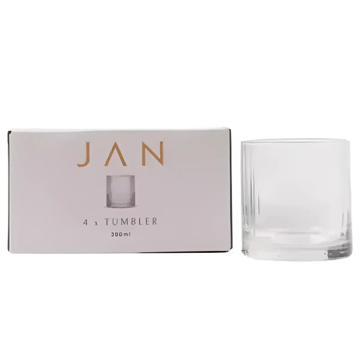 Clear glass tumblers with packaging labeled 'JAN' on a white background