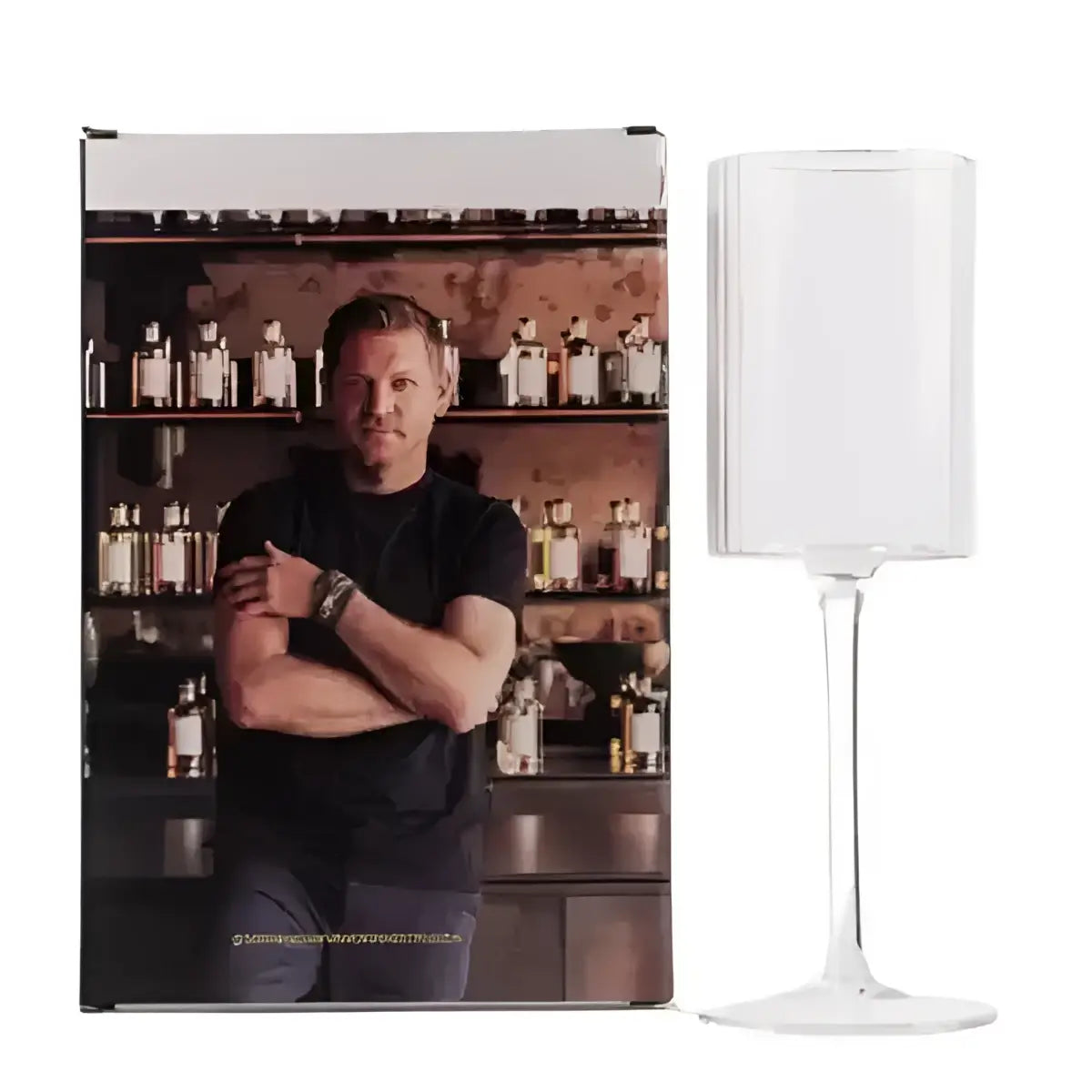 Man standing in front of a bar with shelves of bottles, next to a white lamp on a white background