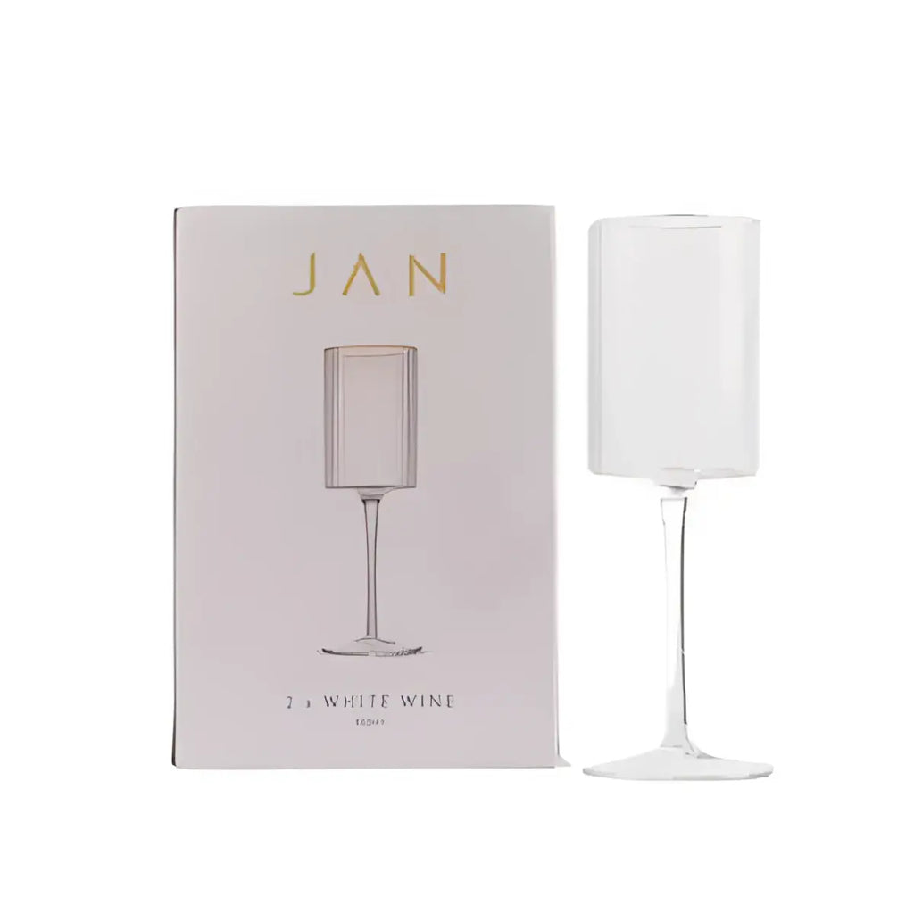White wine glass with packaging displaying the brand 'JAN' on a white background