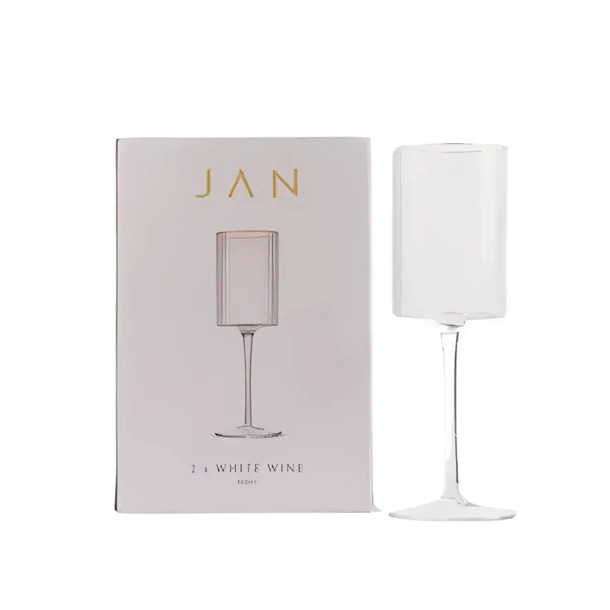 White wine glass with packaging displaying the brand 'JAN' on a white background