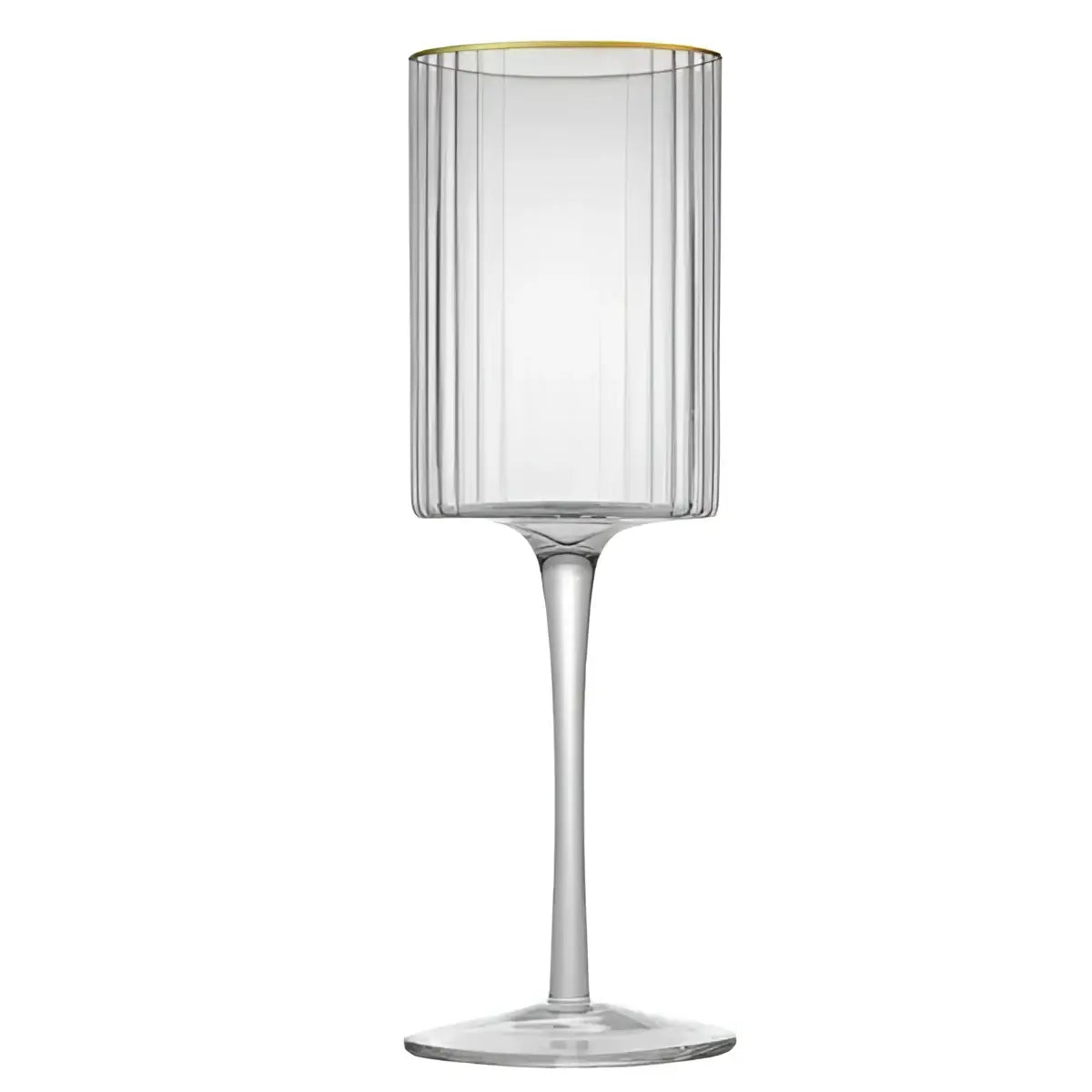 Clear glass wine glass with gold rim on a white background