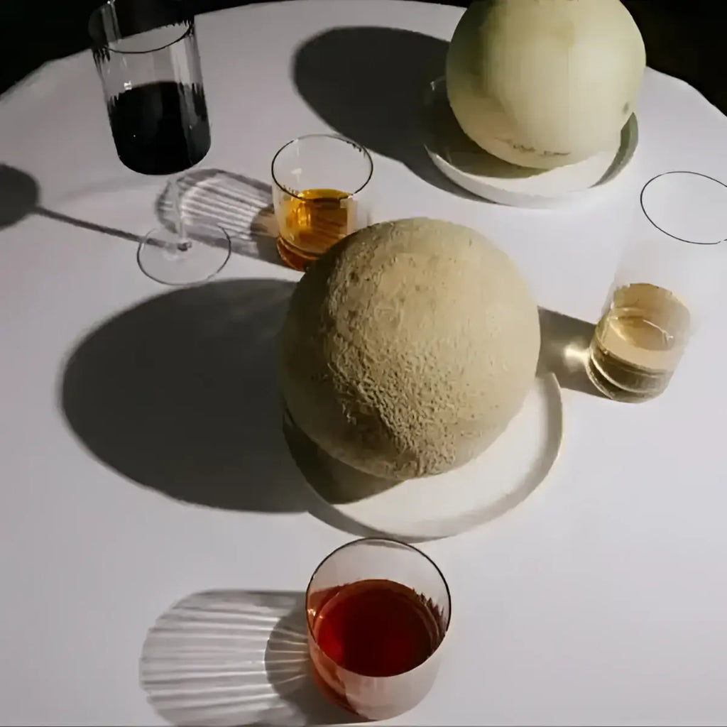 Round cantaloupe on a white plate with glasses of juice on a white table.