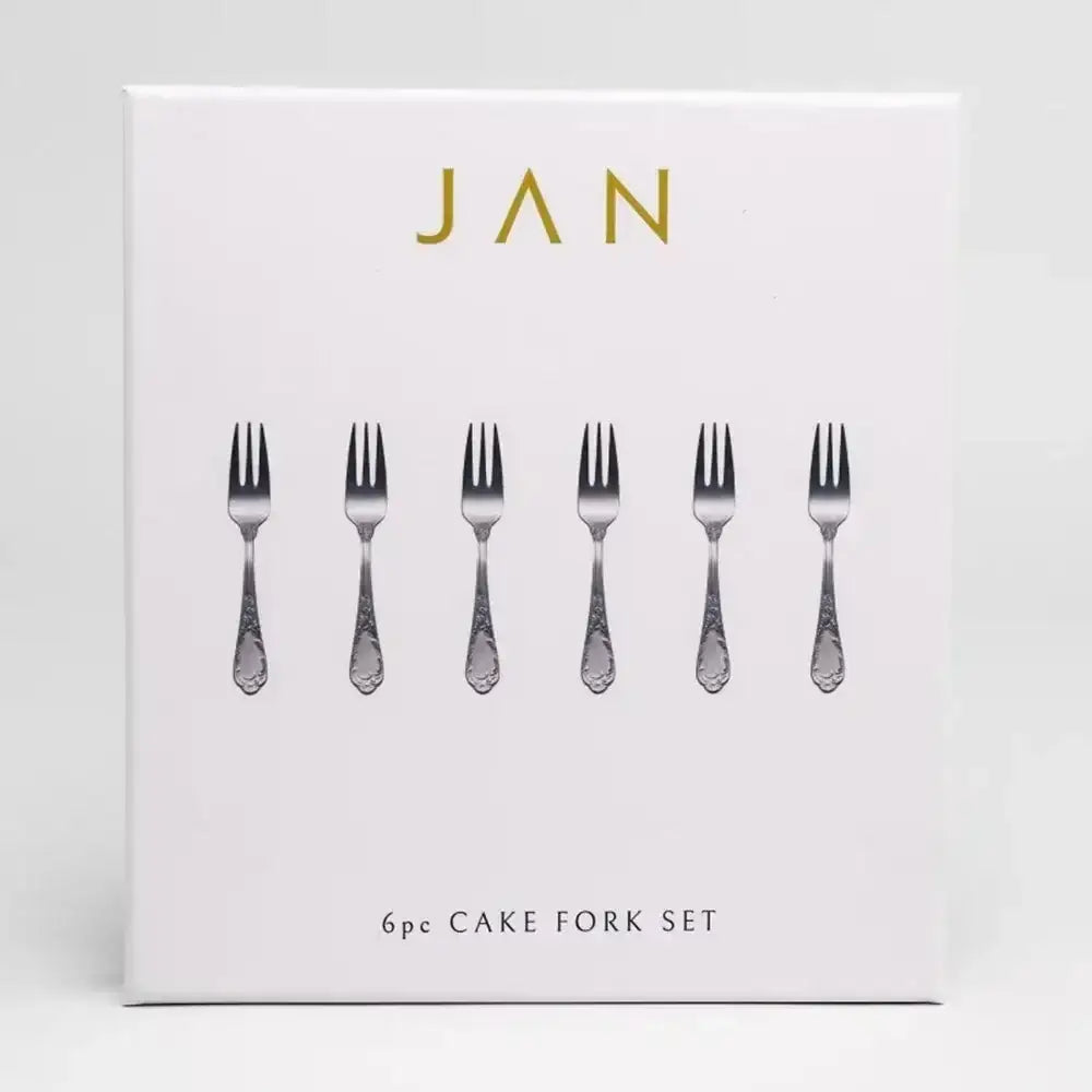 Packaging of a 6-piece cake fork set with 'JAN' branding on a white background.