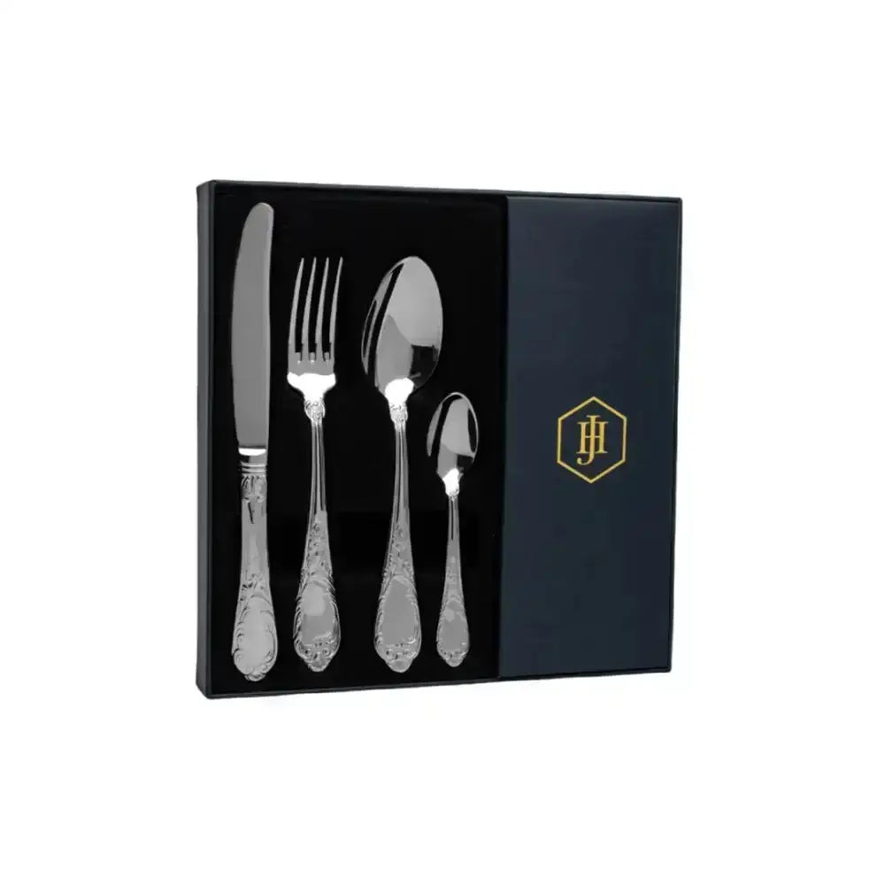 Set of silver cutlery with a decorative handle in a black box featuring a gold logo.