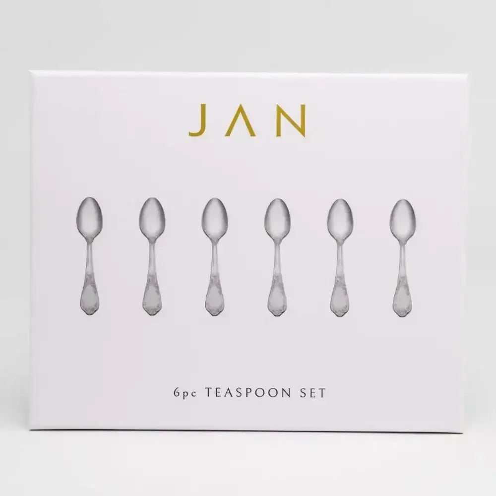Packaging of a 6-piece teaspoon set with 'JAN' branding on a white background