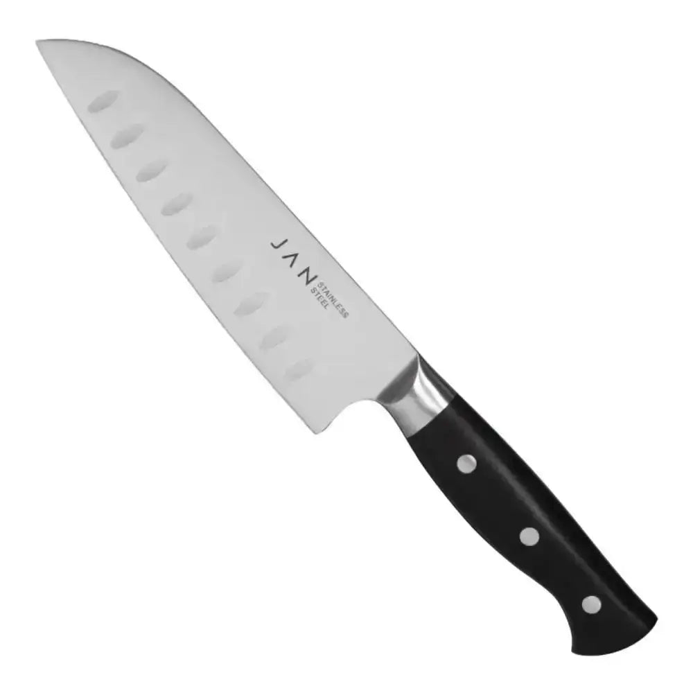 Chef's knife with black handle and 'Jani' branding on a white background