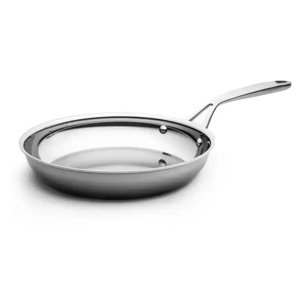 Stainless steel frying pan on a white background