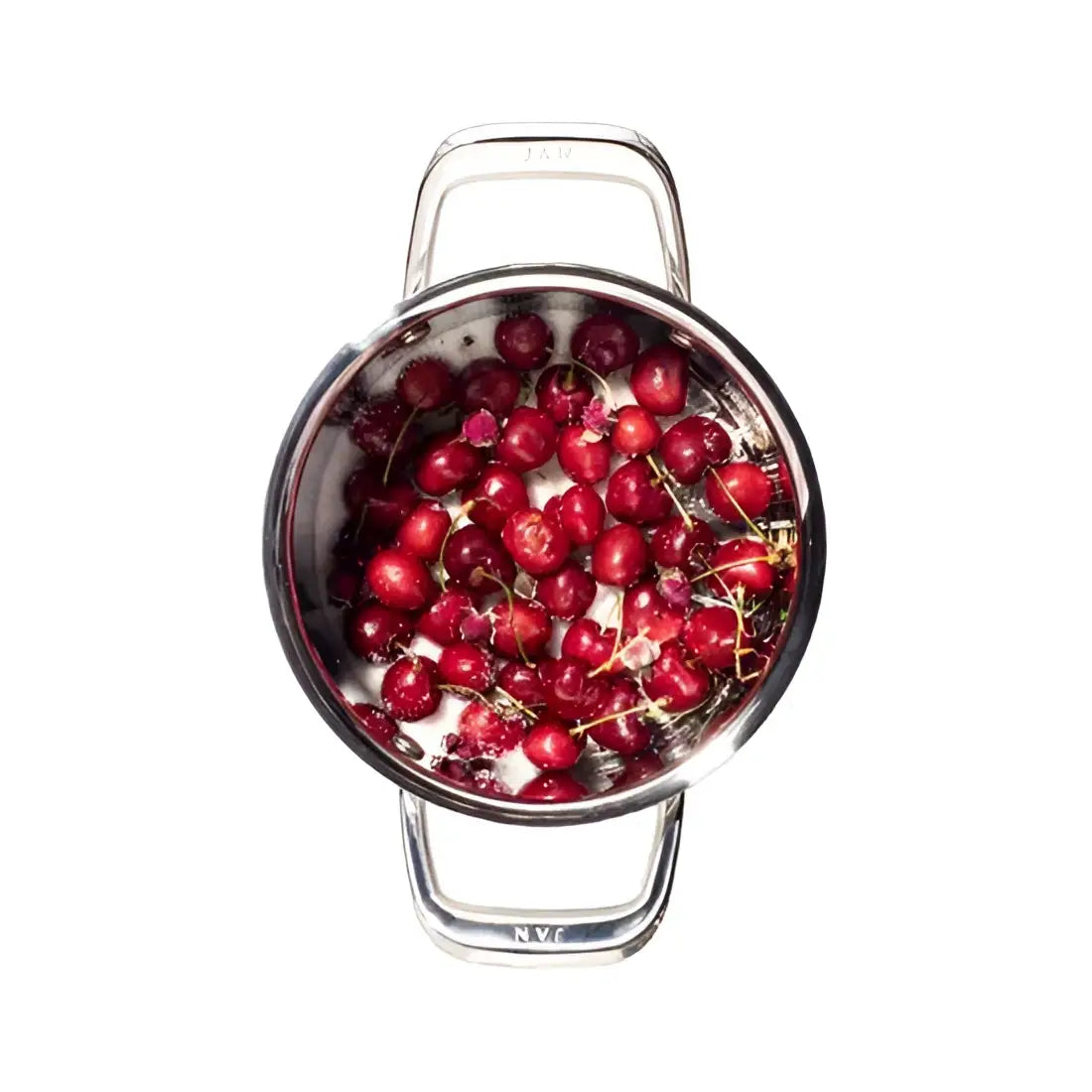 Metal strainer filled with red cherries on a white background