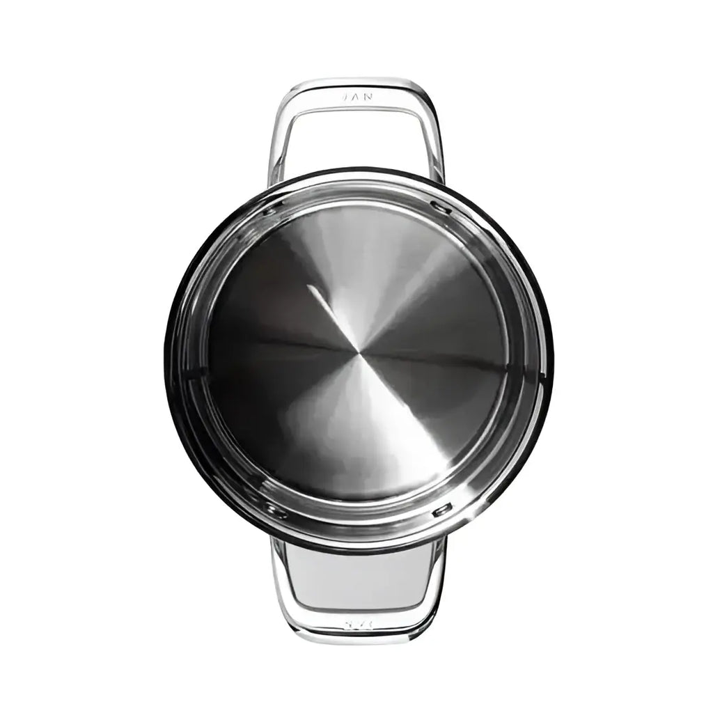 Stainless steel lid with handle on a white background