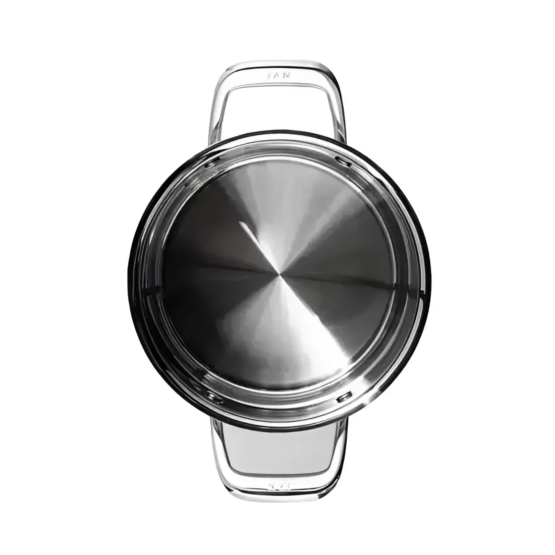 Stainless steel lid with handle on a white background