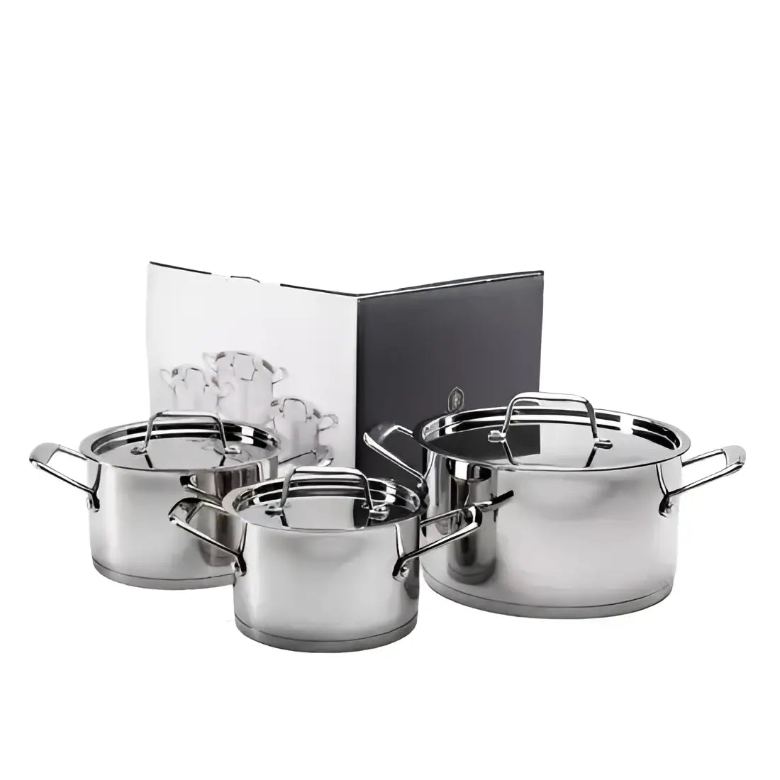 Set of stainless steel cookware with lids on a white background