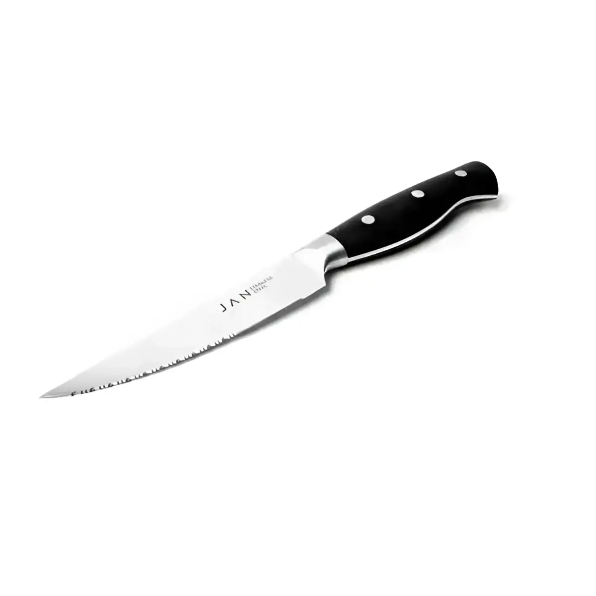 Steak knife with black handle on a white background
