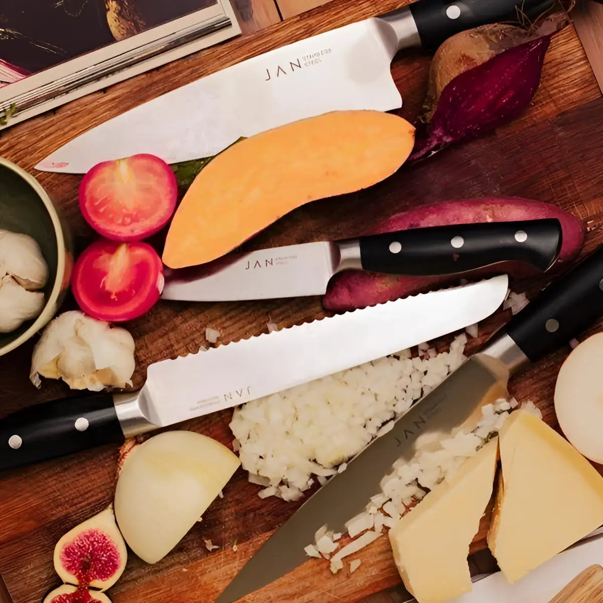 Knives on a wooden cutting board with vegetables and cheese
