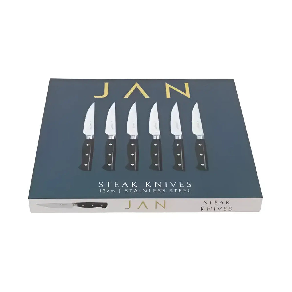 Box of JAN steak knives with six knives illustrated on a blue background