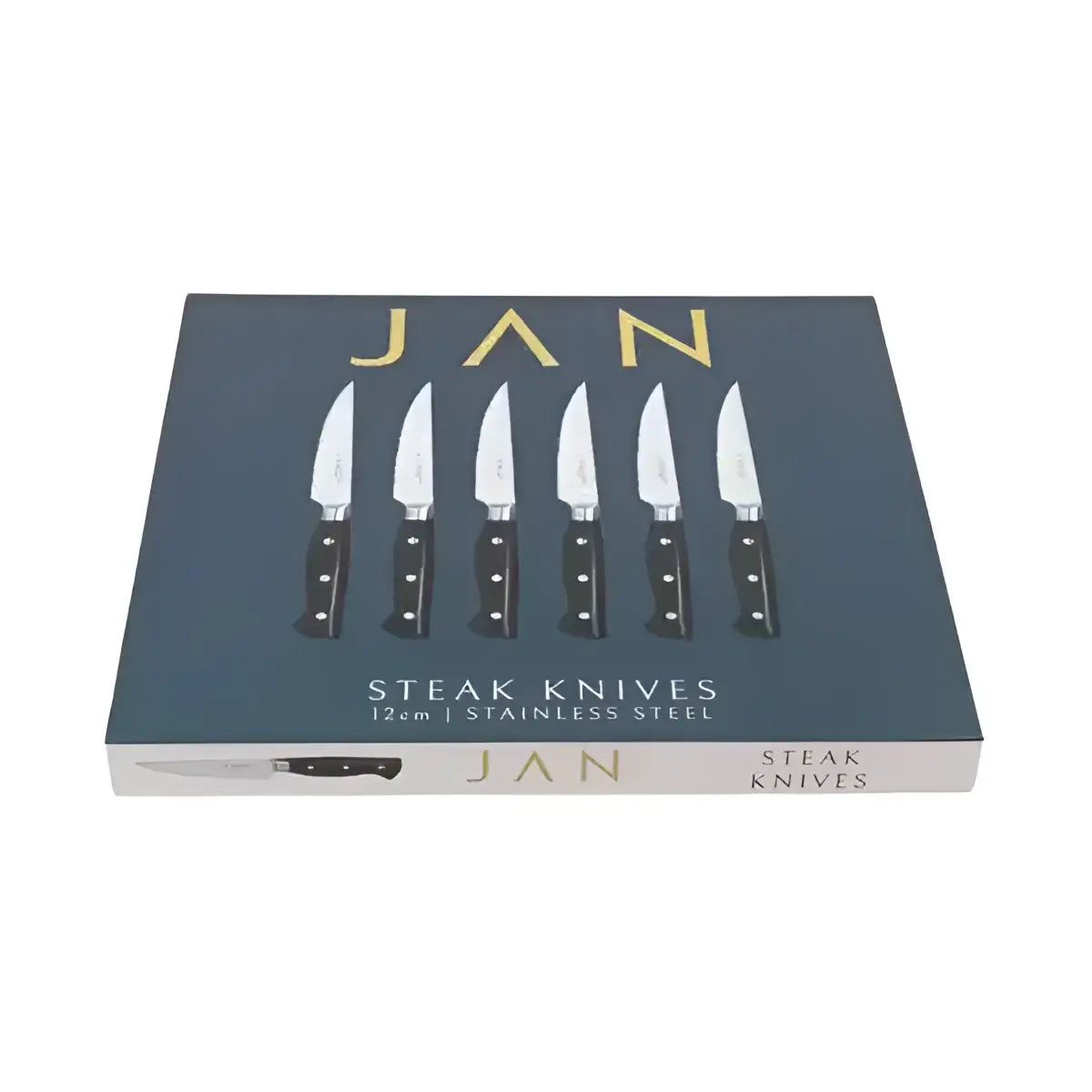 Box of JAN steak knives with six knives illustrated on a blue background