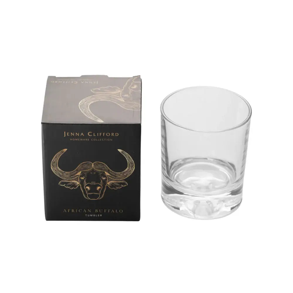 Clear glass tumbler with Jenna Clifford packaging on a white background