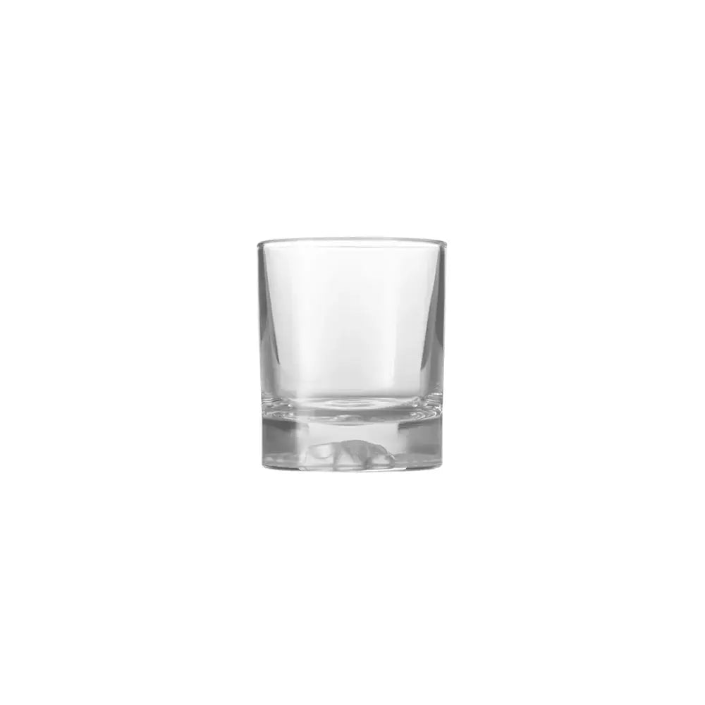 Clear tumbler glass on a white background.