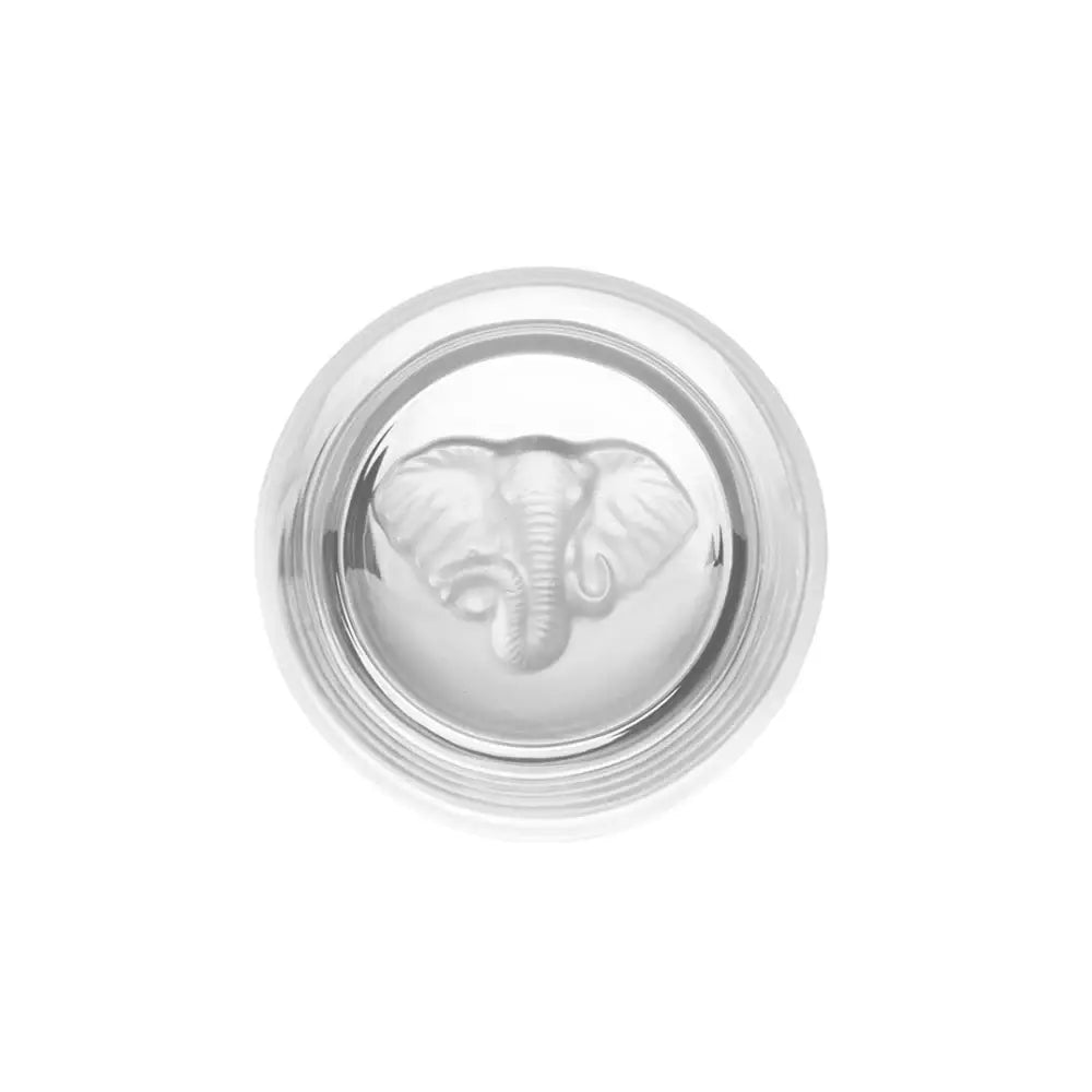 Silver elephant in a circular frame on a white background