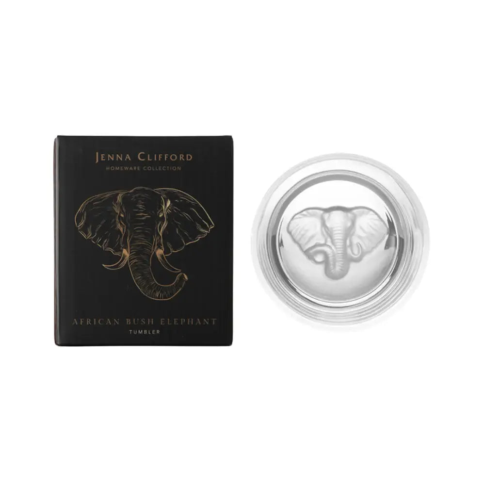 Jenna Clifford tumbler with elephant design on packaging and tumbler