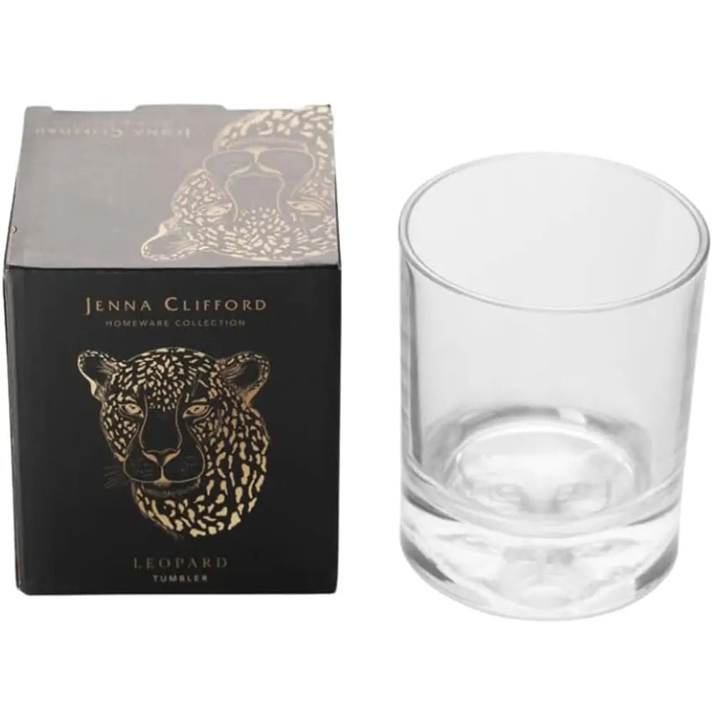 Clear glass tumbler with black box featuring a leopard design and 'Jenna Clifford' branding.