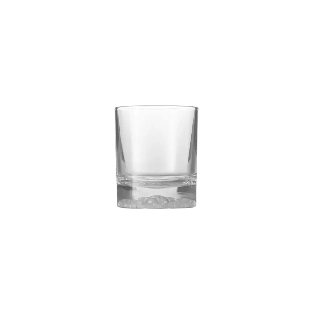 Clear tumbler glass on a white background.