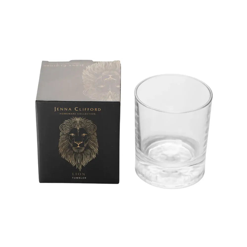 Clear glass tumbler with Jenna Clifford packaging on a white background