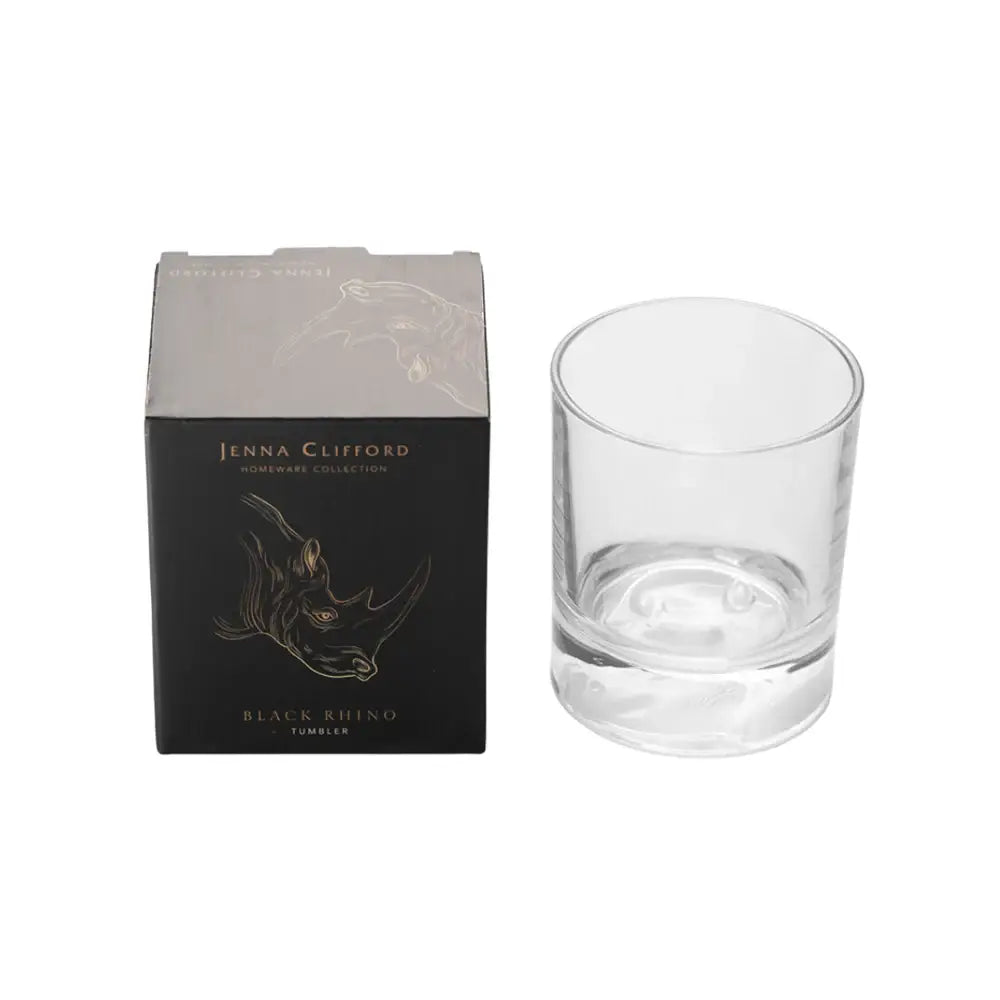 Clear glass tumbler with Jenna Clifford packaging on a white background