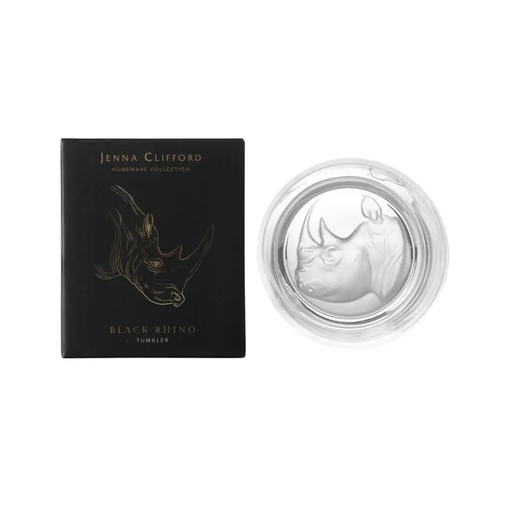 Jenna Clifford Black Rhino tumbler with packaging on a white background