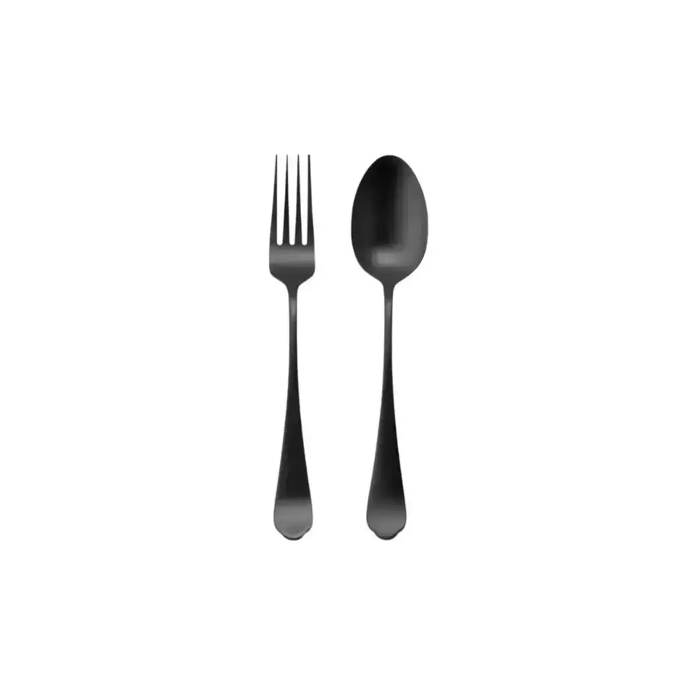 Black stainless steel fork and spoon set on white background, modern cutlery