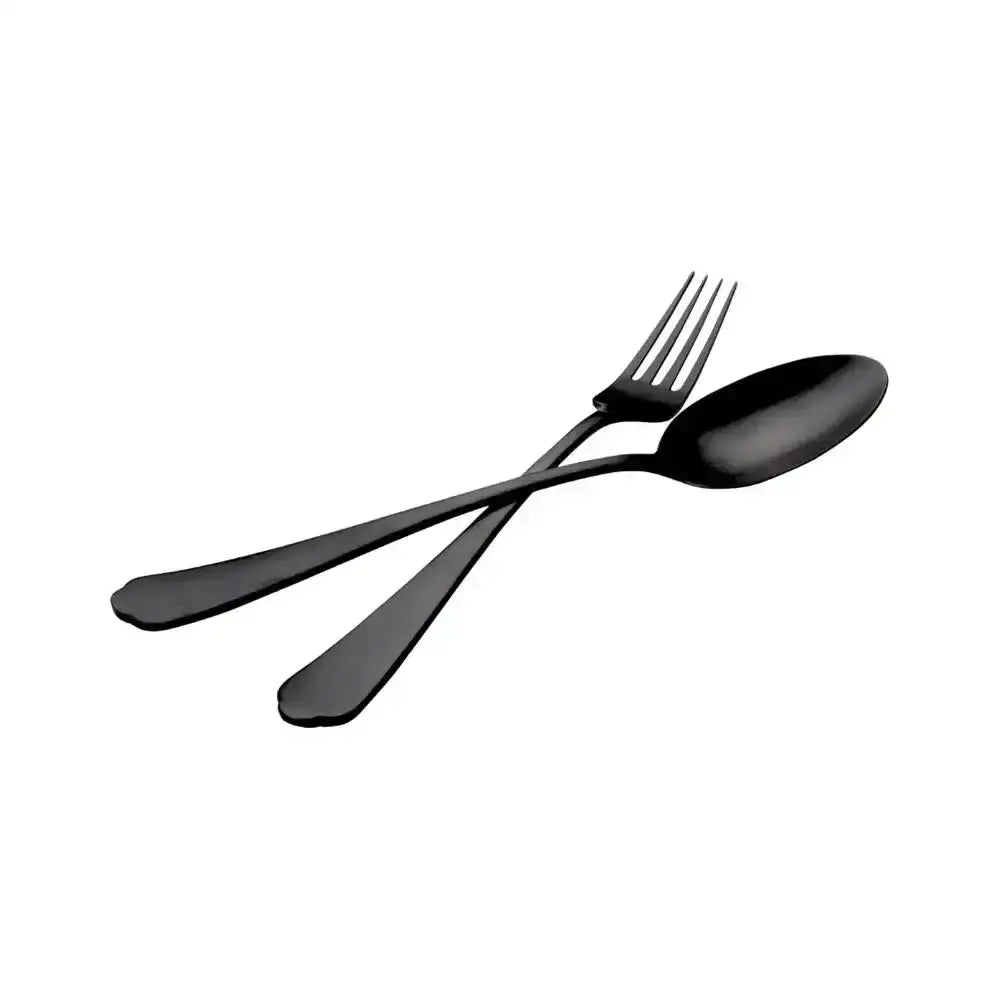 Black stainless steel fork and spoon set on white background, modern kitchen cutlery.