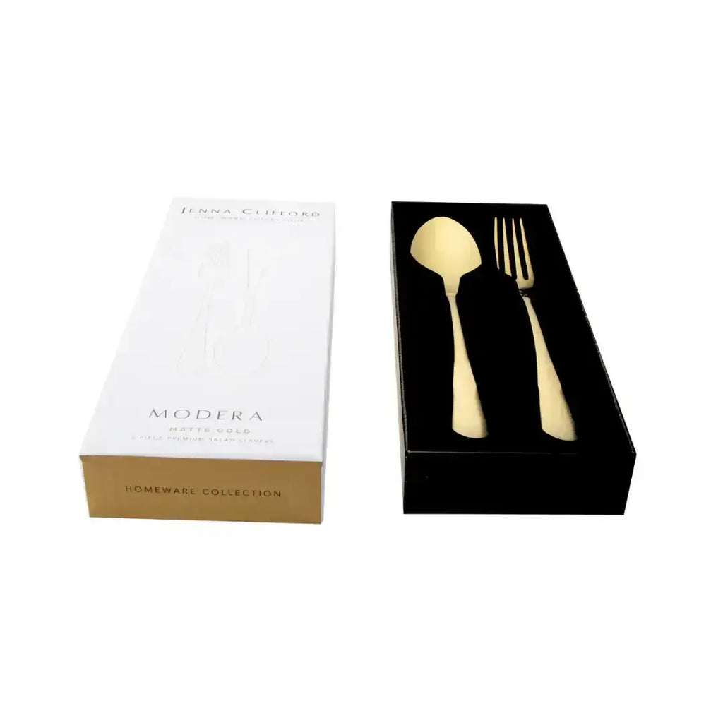 Jenna Clifford Modera satin gold salad server set two piece gold finished metal spoon and fork in black box