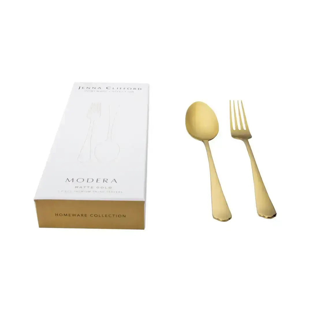 Matte gold spoon and fork salad server set from jenna clifford modera homeware collection with satin finish