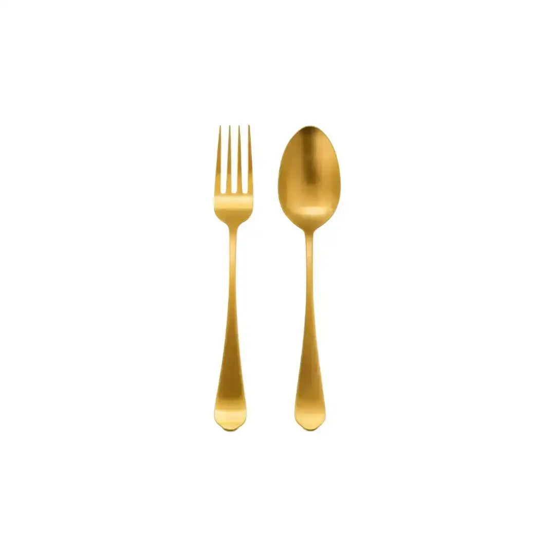 Gold-toned stainless steel fork and spoon set with sleek modern design Jenna Clifford Modera satin gold salad server set
