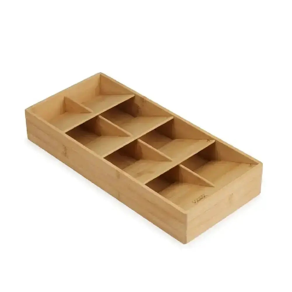 Wooden organizer with multiple compartments on a white background