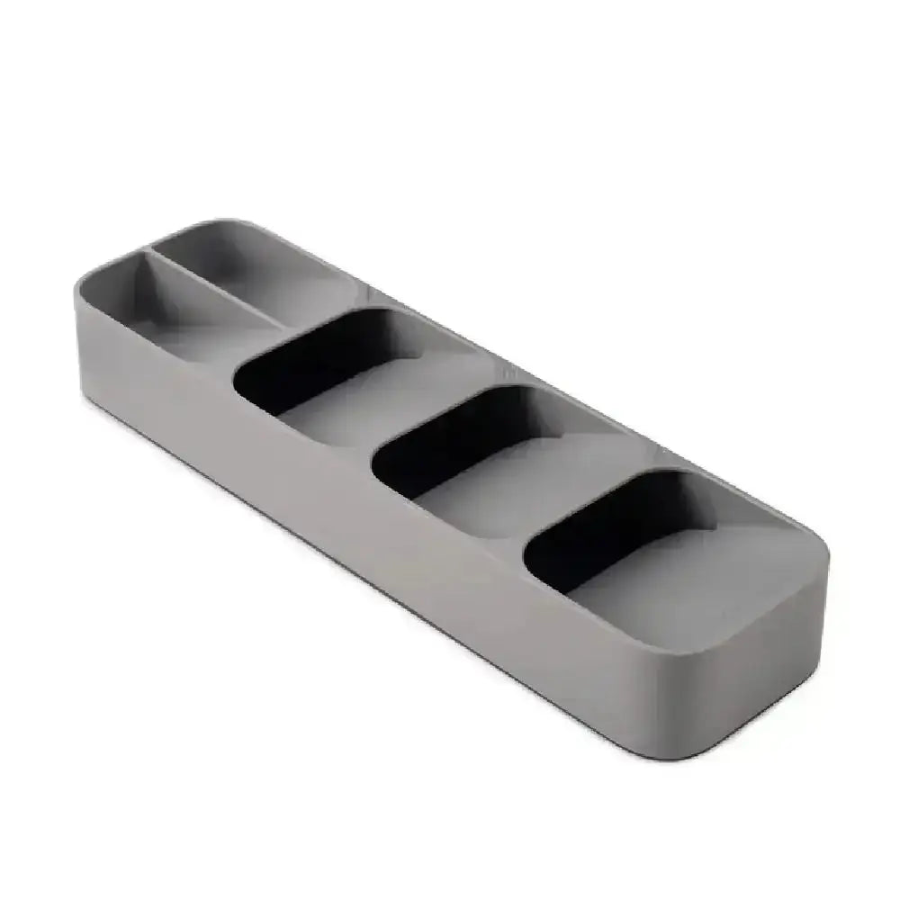 Gray rectangular tray with four compartments on a white background