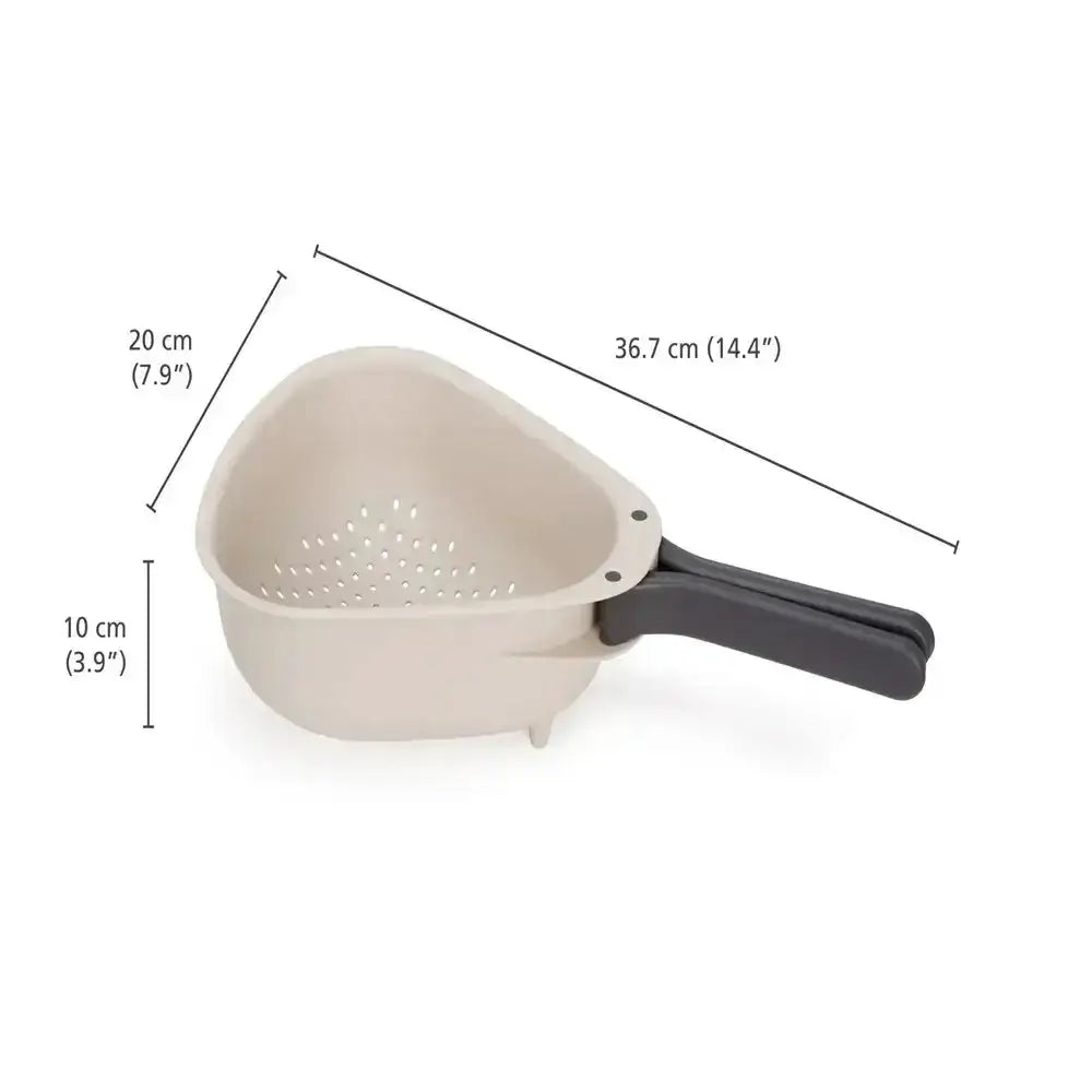 Beige colander with dimensions labeled on a white background