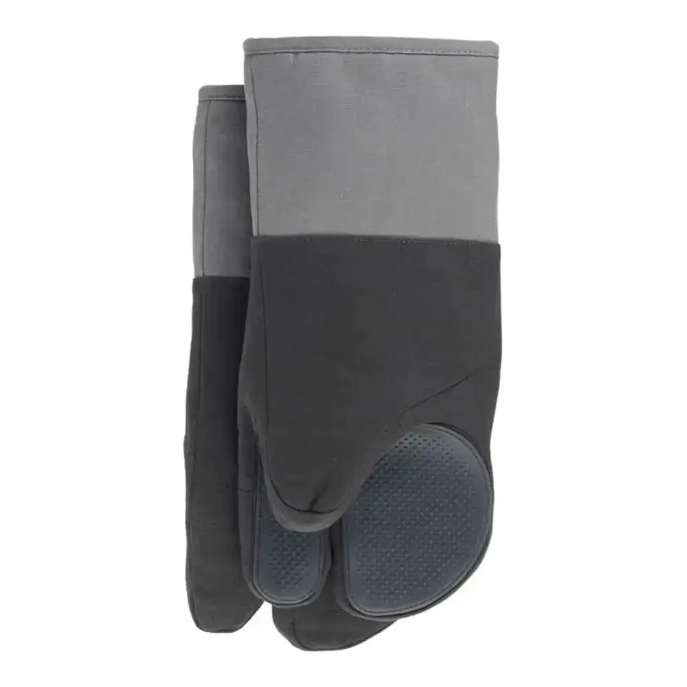 Pair of gray and black oven mitts on a white background