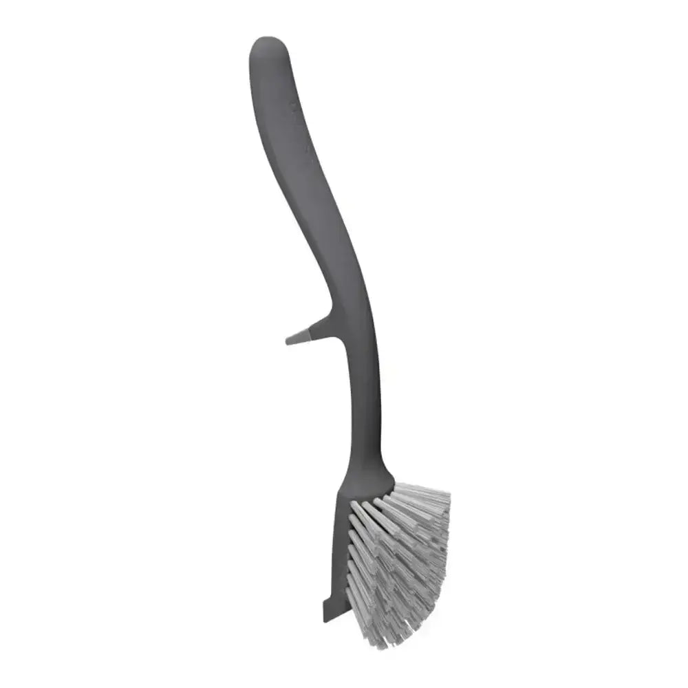 Gray dish brush with a long handle on a white background