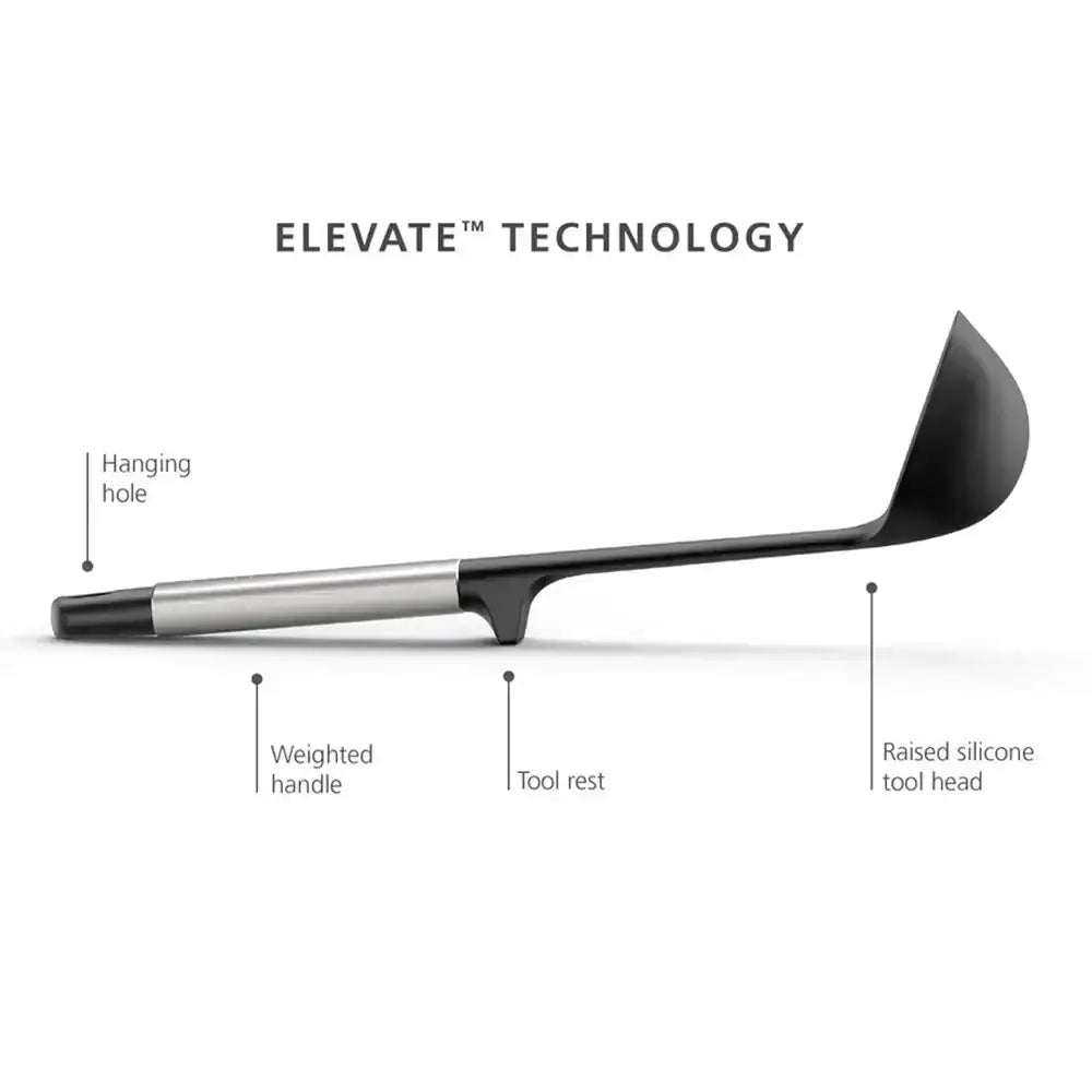 Black kitchen tool with labeled features on a white background